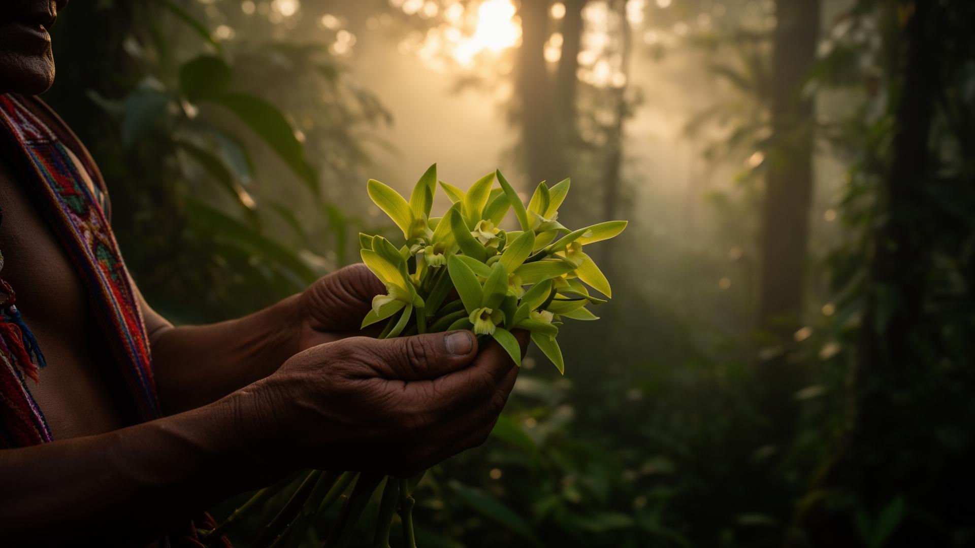 Manos de productor Tenék sosteniendo orquídeas de vainilla en la Huasteca al amanecer