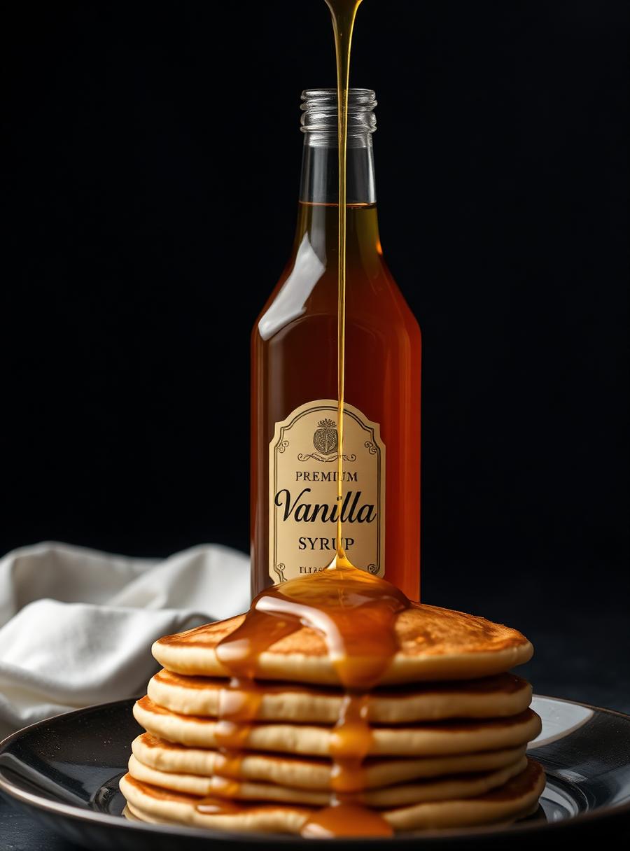 Jarabe de vainilla escurriendo sobre hot cakes